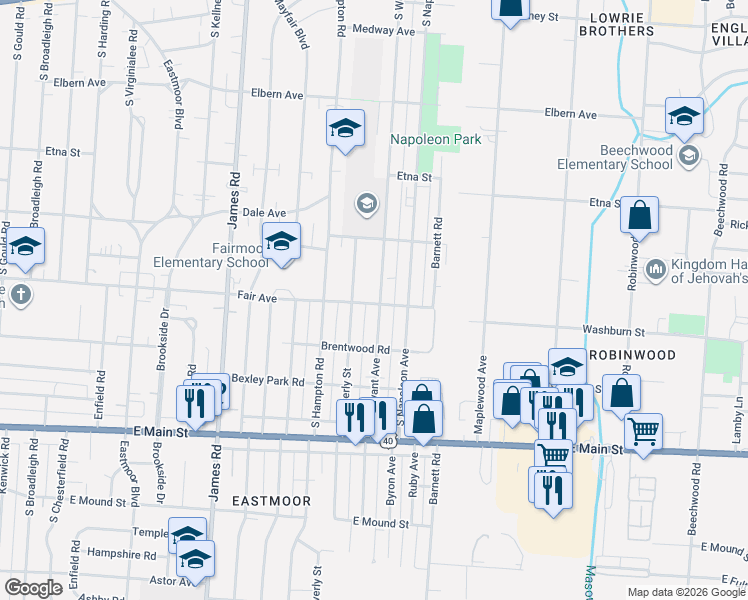 map of restaurants, bars, coffee shops, grocery stores, and more near 523 South Weyant Avenue in Columbus