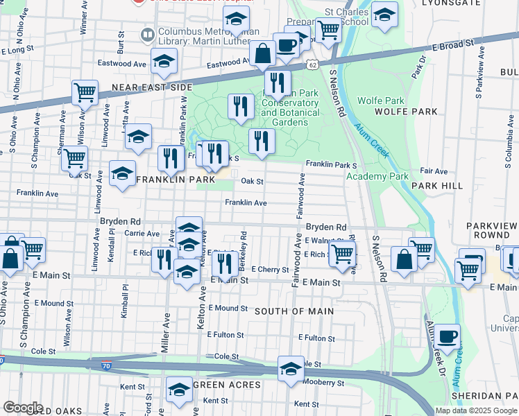 map of restaurants, bars, coffee shops, grocery stores, and more near 1692-1 Franklin Avenue in Columbus