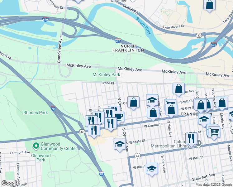 map of restaurants, bars, coffee shops, grocery stores, and more near 188 North Central Avenue in Columbus