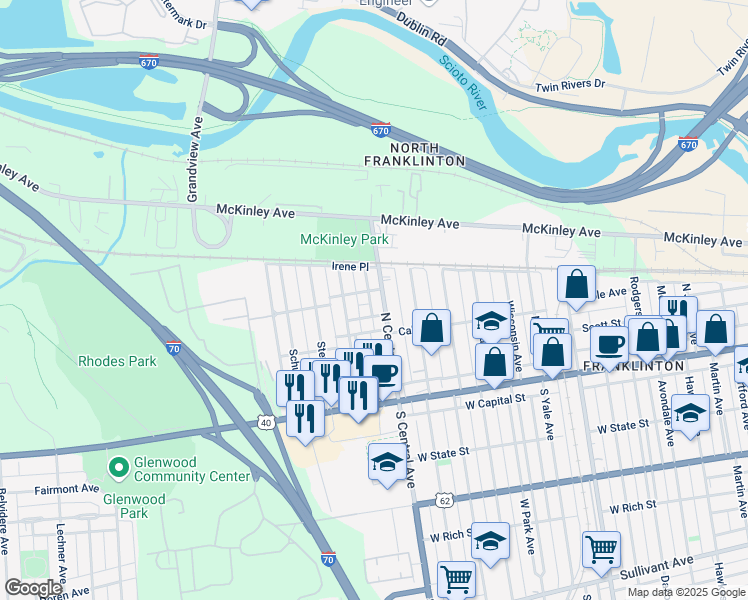 map of restaurants, bars, coffee shops, grocery stores, and more near 188 North Central Avenue in Columbus