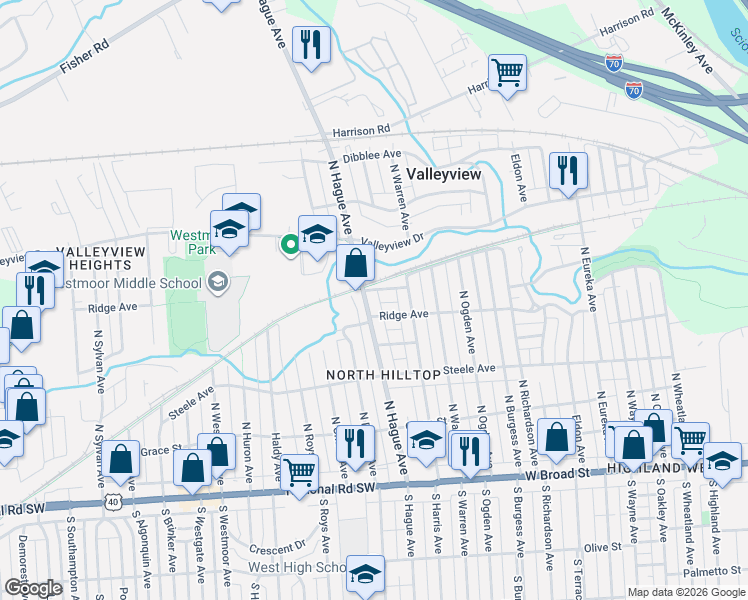 map of restaurants, bars, coffee shops, grocery stores, and more near 301 North Hague Avenue in Columbus