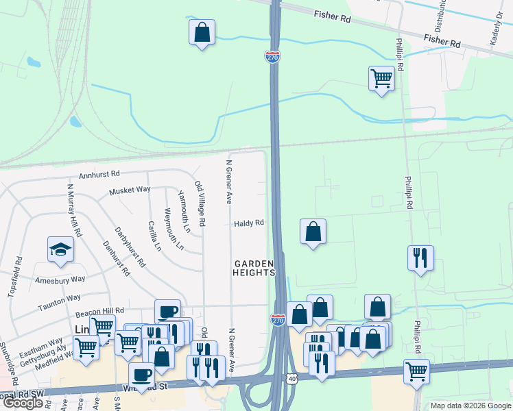 map of restaurants, bars, coffee shops, grocery stores, and more near 424 North Grener Avenue in Columbus