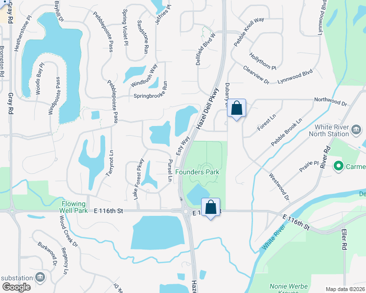 map of restaurants, bars, coffee shops, grocery stores, and more near 11901 Esty Way in Carmel