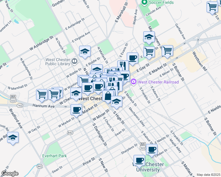 map of restaurants, bars, coffee shops, grocery stores, and more near 129 East Gay Street in West Chester