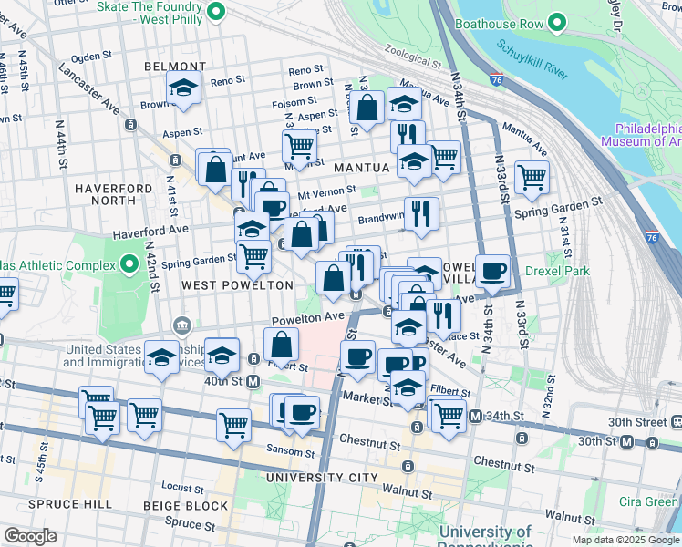 map of restaurants, bars, coffee shops, grocery stores, and more near 3827 Lancaster Avenue in Philadelphia