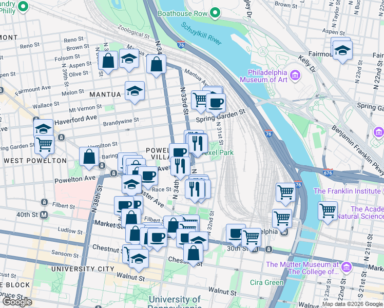 map of restaurants, bars, coffee shops, grocery stores, and more near North 33rd Street in Philadelphia