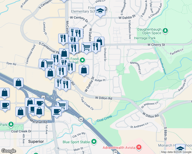 map of restaurants, bars, coffee shops, grocery stores, and more near 615 Ridgeview Drive in Louisville