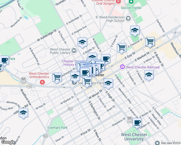 map of restaurants, bars, coffee shops, grocery stores, and more near 120 North High Street in West Chester