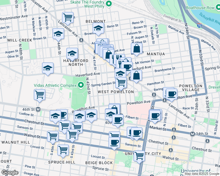 map of restaurants, bars, coffee shops, grocery stores, and more near 423 North Preston Street in Philadelphia