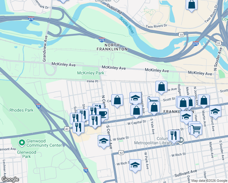 map of restaurants, bars, coffee shops, grocery stores, and more near 172 Hayden Avenue in Columbus