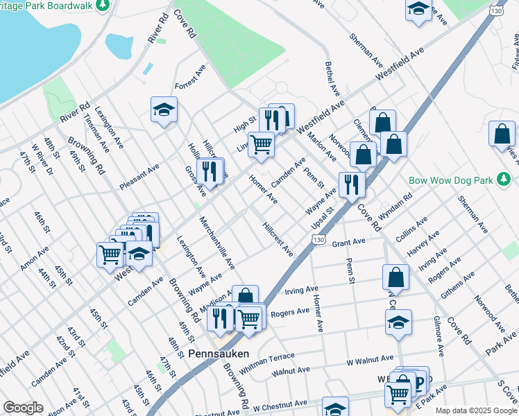 map of restaurants, bars, coffee shops, grocery stores, and more near 6015 Camden Avenue in Pennsauken Township
