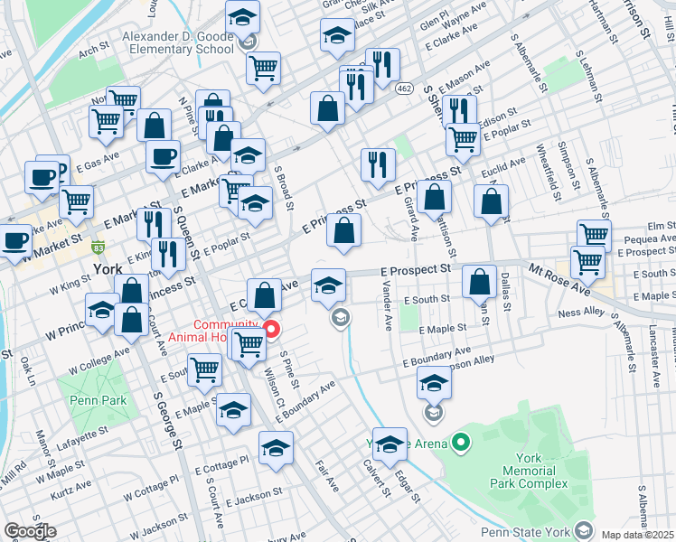 map of restaurants, bars, coffee shops, grocery stores, and more near 465 East Prospect Street in York