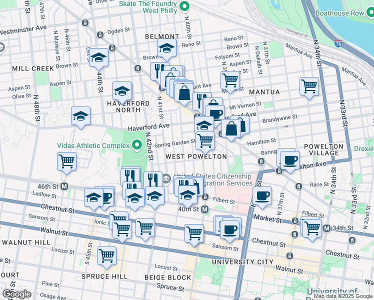 map of restaurants, bars, coffee shops, grocery stores, and more near 423 North Preston Street in Philadelphia