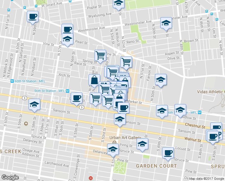 map of restaurants, bars, coffee shops, grocery stores, and more near 33 North 53rd Street in Philadelphia