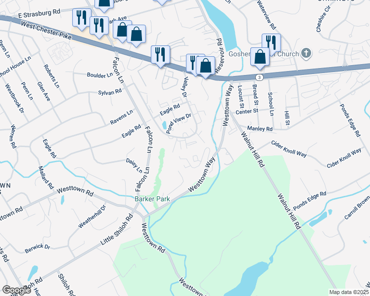 map of restaurants, bars, coffee shops, grocery stores, and more near 1706 Valley Drive in West Chester