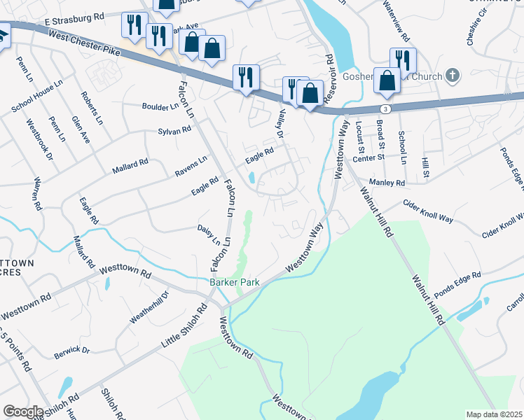 map of restaurants, bars, coffee shops, grocery stores, and more near 1920 Valley Drive in West Chester