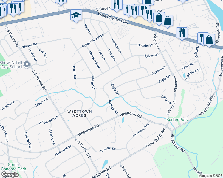 map of restaurants, bars, coffee shops, grocery stores, and more near 1204 Eagle Road in West Chester