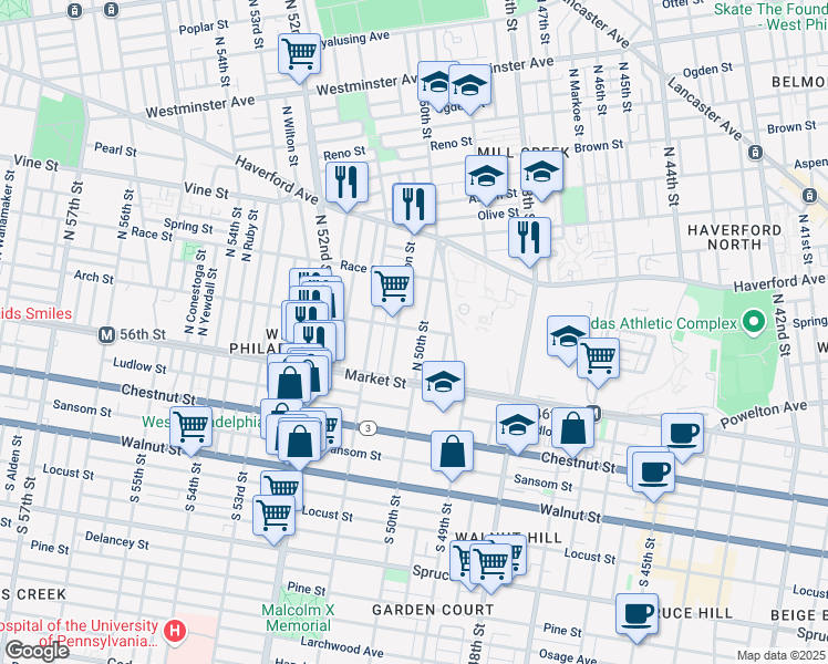 map of restaurants, bars, coffee shops, grocery stores, and more near 44 North 50th Street in Philadelphia