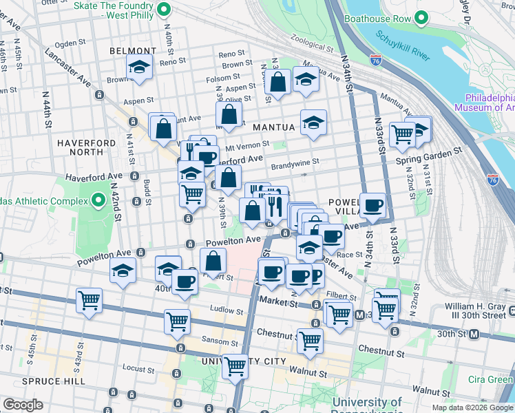 map of restaurants, bars, coffee shops, grocery stores, and more near 3827 Hamilton Street in Philadelphia