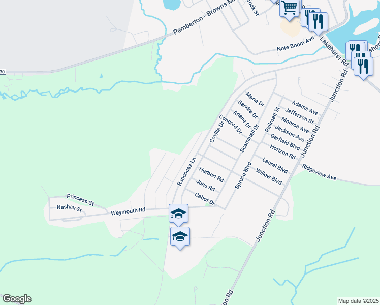 map of restaurants, bars, coffee shops, grocery stores, and more near 130 Rancocas Lane in Browns Mills