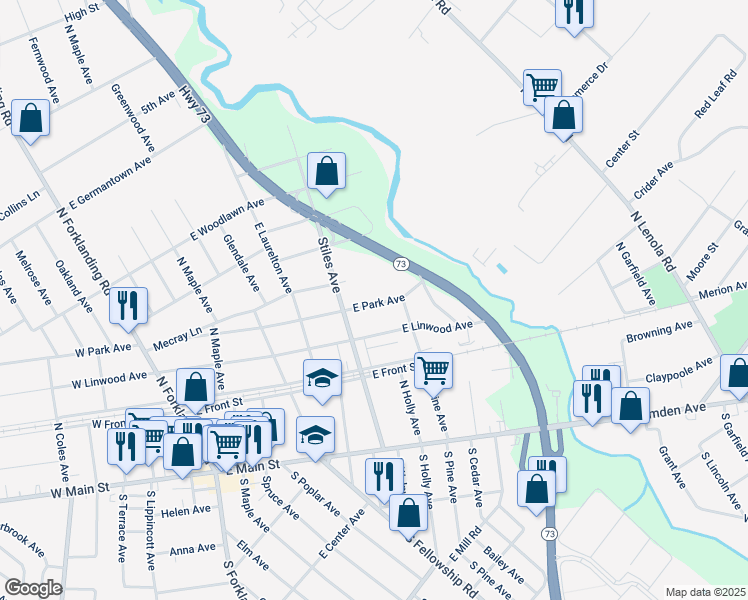 map of restaurants, bars, coffee shops, grocery stores, and more near 431 East Park Avenue in Maple Shade