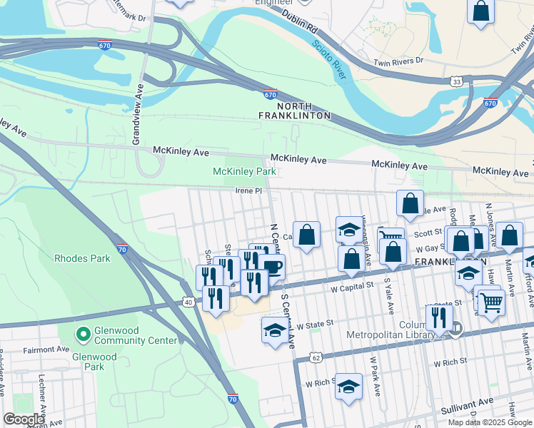 map of restaurants, bars, coffee shops, grocery stores, and more near 188 North Central Avenue in Columbus