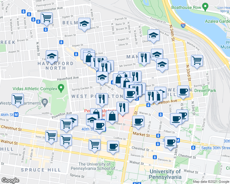 map of restaurants, bars, coffee shops, grocery stores, and more near 3902 Warren Street in Philadelphia
