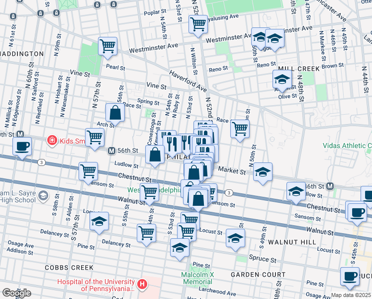 map of restaurants, bars, coffee shops, grocery stores, and more near 33 North 53rd Street in Philadelphia