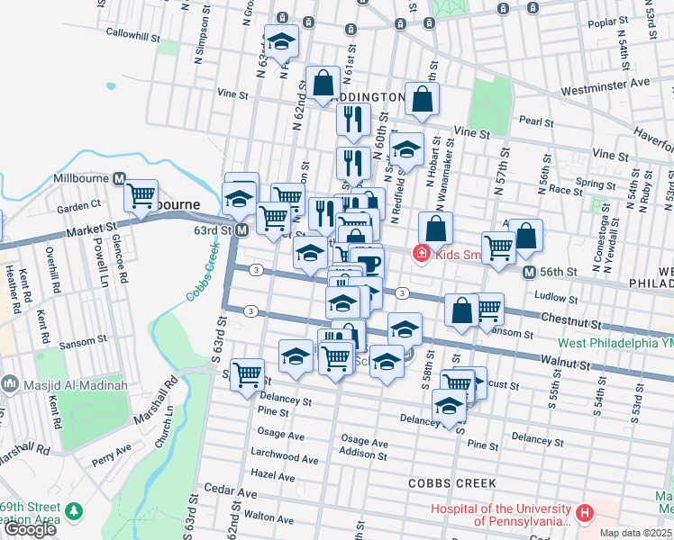 map of restaurants, bars, coffee shops, grocery stores, and more near 37 South Millick Street in Philadelphia