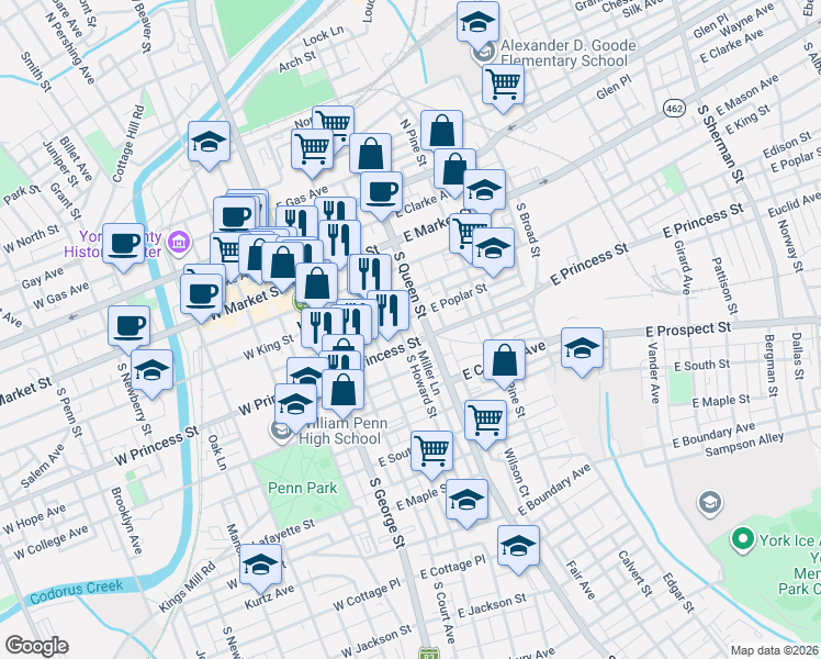 map of restaurants, bars, coffee shops, grocery stores, and more near 115 South Howard Street in York
