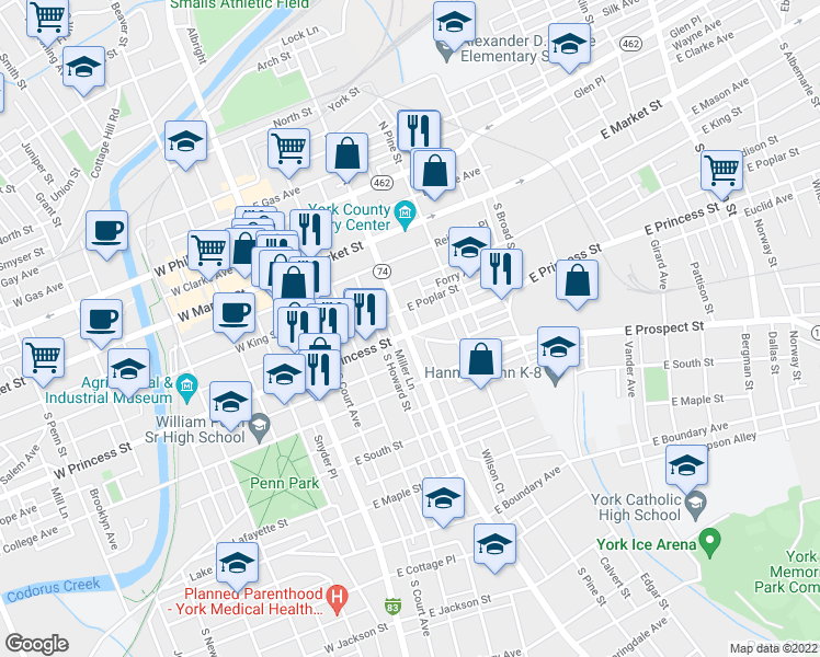 map of restaurants, bars, coffee shops, grocery stores, and more near 203 East Princess Street in York