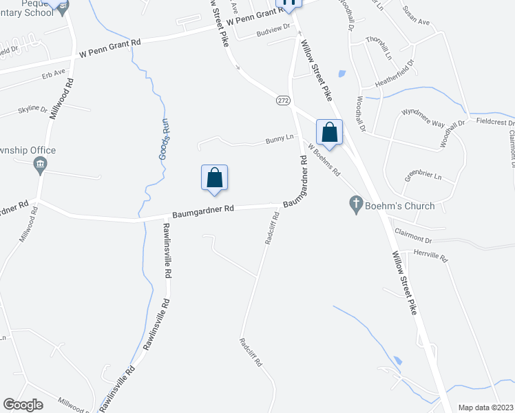 map of restaurants, bars, coffee shops, grocery stores, and more near 282 Baumgardner Road in Willow Street