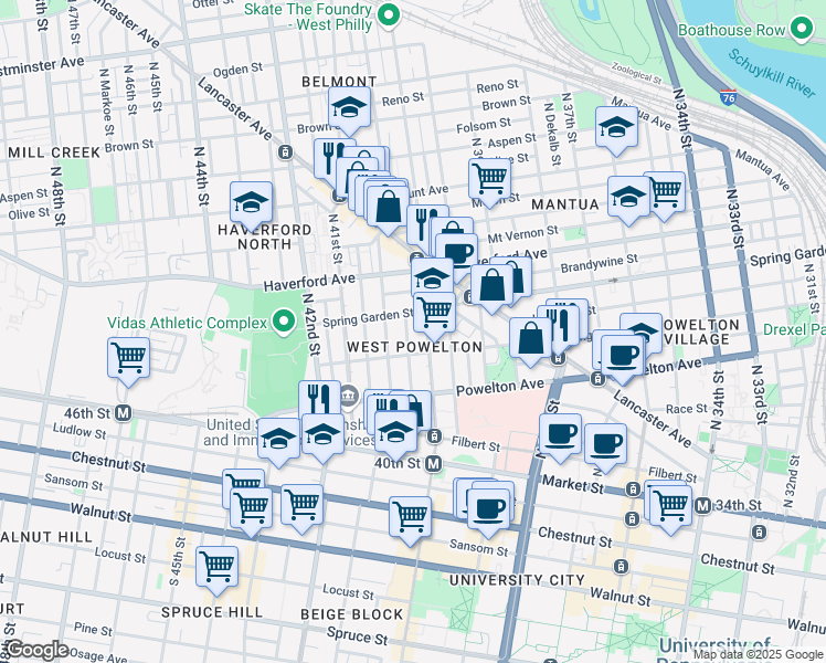 map of restaurants, bars, coffee shops, grocery stores, and more near 435 North Wiota Street in Philadelphia