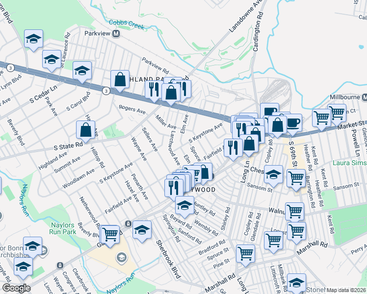 map of restaurants, bars, coffee shops, grocery stores, and more near 47 Elm Avenue in Delaware County