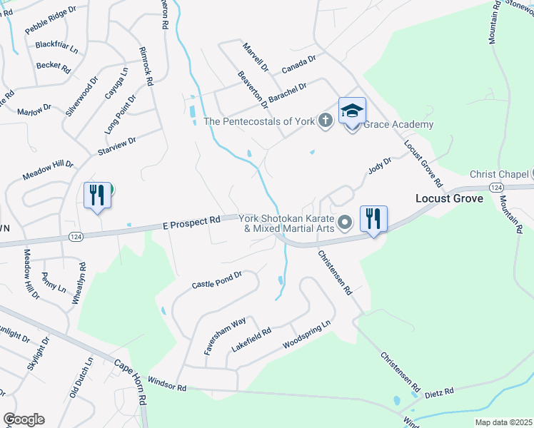 map of restaurants, bars, coffee shops, grocery stores, and more near 3067 East Prospect Road in York