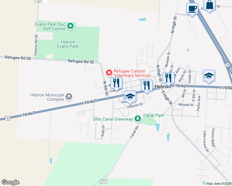 map of restaurants, bars, coffee shops, grocery stores, and more near 107 North 8th Street in Hebron