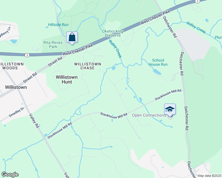 map of restaurants, bars, coffee shops, grocery stores, and more near 2056 Pony Trail Drive in Newtown Square