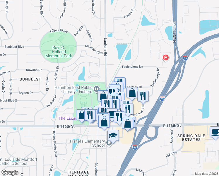 map of restaurants, bars, coffee shops, grocery stores, and more near 8900 Technology Drive in Fishers
