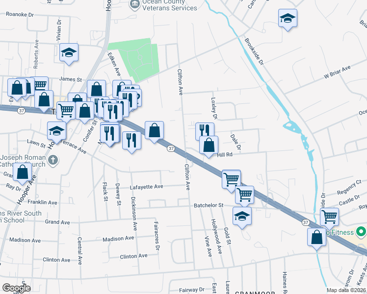 map of restaurants, bars, coffee shops, grocery stores, and more near 280 New Jersey 37 in Toms River