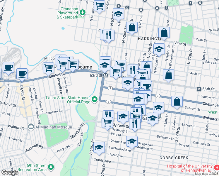 map of restaurants, bars, coffee shops, grocery stores, and more near 6236 Ludlow Street in Philadelphia