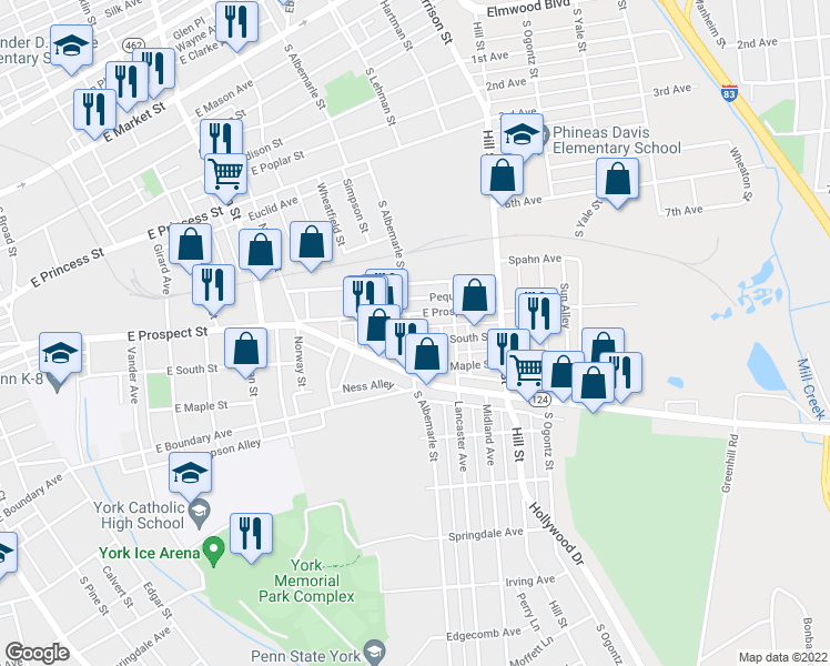 map of restaurants, bars, coffee shops, grocery stores, and more near 525 South Albemarle Street in York