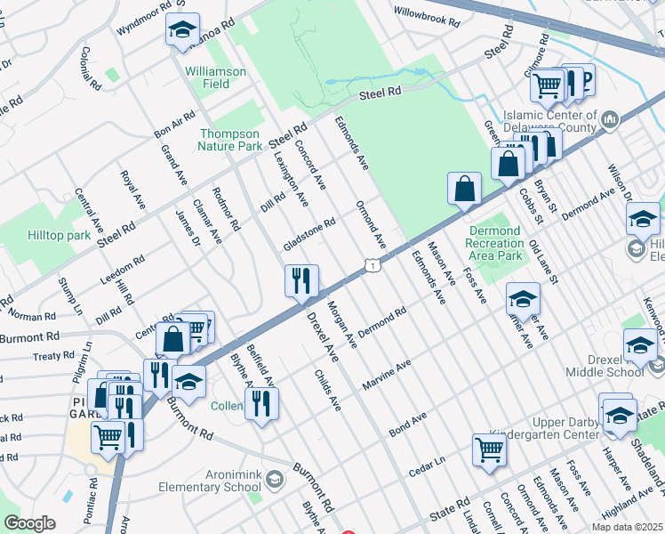 map of restaurants, bars, coffee shops, grocery stores, and more near 6 Lexington Avenue in Havertown