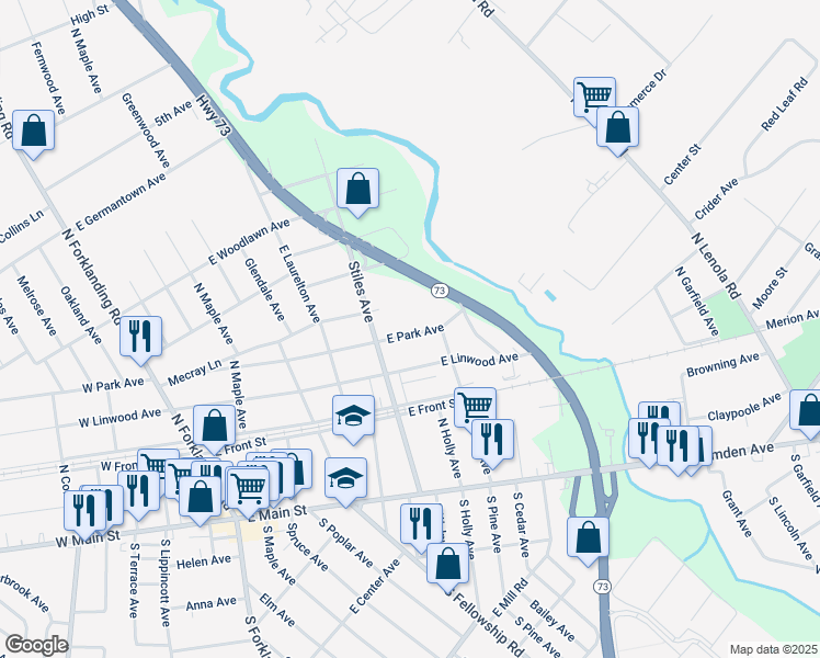 map of restaurants, bars, coffee shops, grocery stores, and more near 431 East Park Avenue in Maple Shade