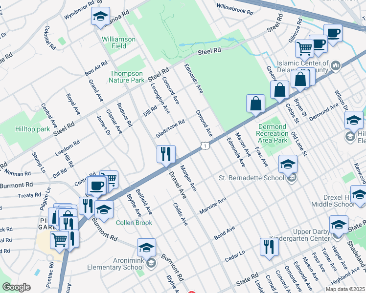 map of restaurants, bars, coffee shops, grocery stores, and more near 11 North Morgan Avenue in Havertown