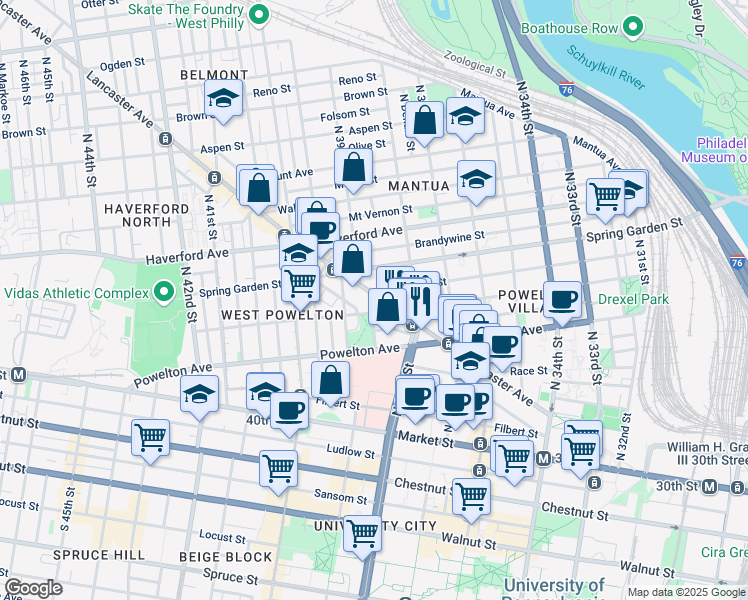map of restaurants, bars, coffee shops, grocery stores, and more near 3842 Lancaster Avenue in Philadelphia