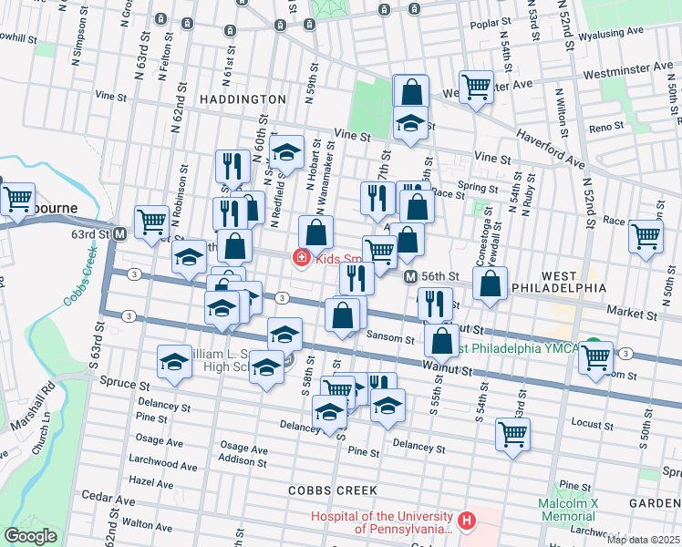 map of restaurants, bars, coffee shops, grocery stores, and more near 5738 Market Street in Philadelphia