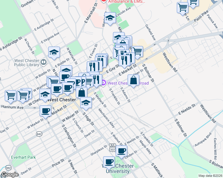 map of restaurants, bars, coffee shops, grocery stores, and more near 319 East Miner Street in West Chester