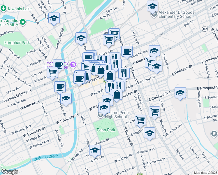 map of restaurants, bars, coffee shops, grocery stores, and more near in York