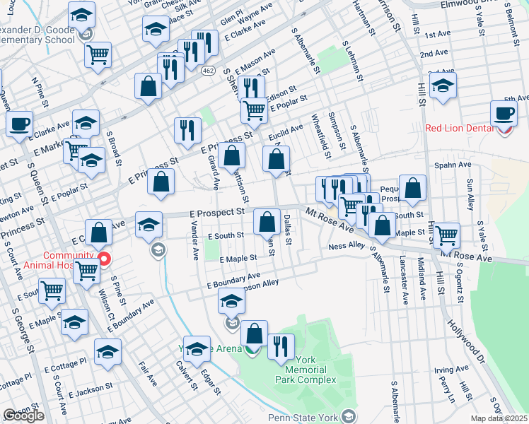 map of restaurants, bars, coffee shops, grocery stores, and more near 813 East Prospect Street in York