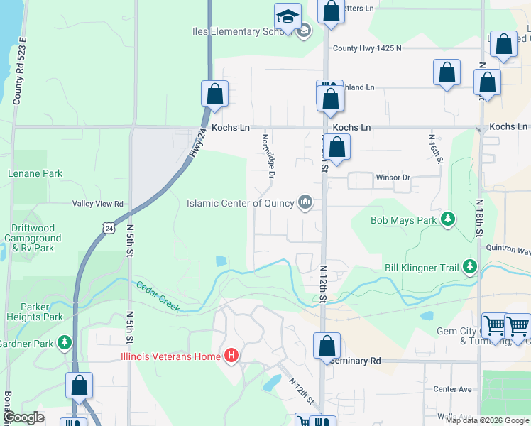 map of restaurants, bars, coffee shops, grocery stores, and more near 2440 Cedar Creek Court in Quincy